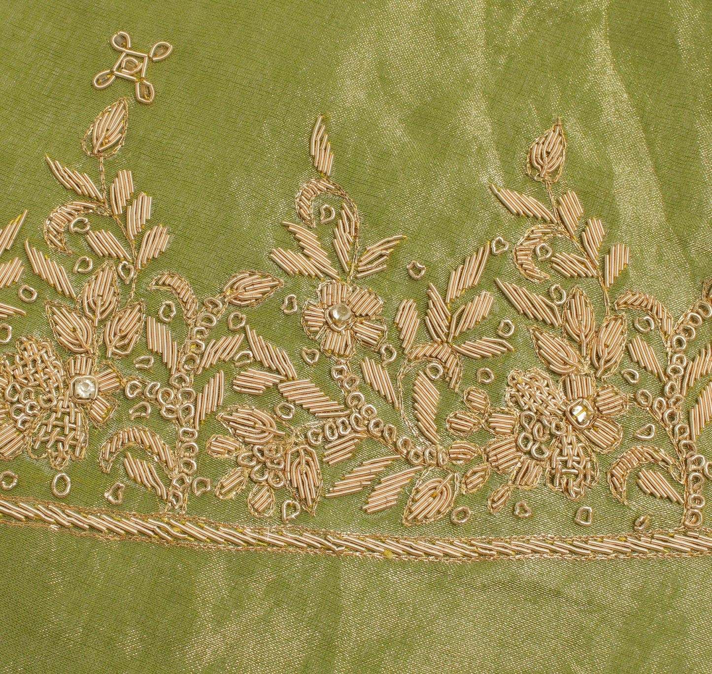 Sushila Vintage Green Long Skirt Pure Tissue Silk Hand Beaded Unstitched Lehenga