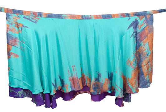 Sushila Vintage Aqua Blue Silk Saree Magic Wrap Reversible Skirt Beach Dress