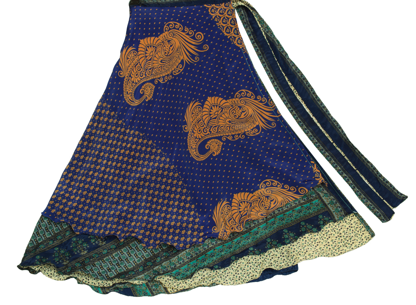 Sushila Vintage Blue Art Silk Saree Magic Wrap Reversible Skirt Beach Dress Hippie