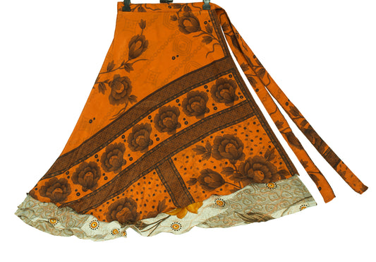 Sushila Vintage Orange Art Silk Saree Magic Wrap Reversible Skirt Beach Dress Boho