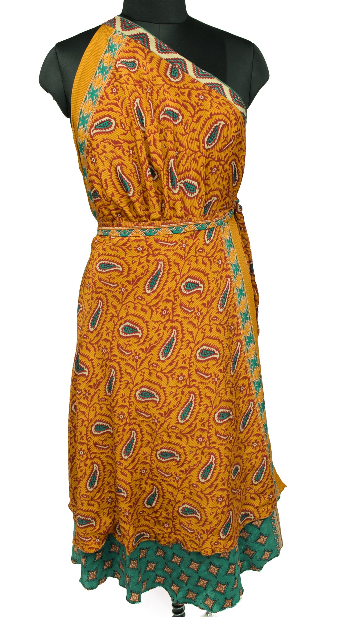Sushila Vintage Mustard Art Silk Saree Magic Wrap Reversible Skirt Beach Dress Boho