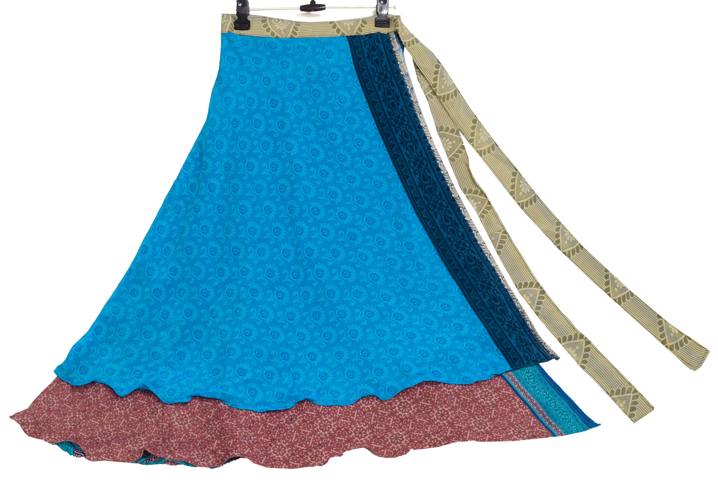 Sushila Vintage Blue Saree Magic Wrap Reversible Skirt Beach Dress Art Silk Hippie