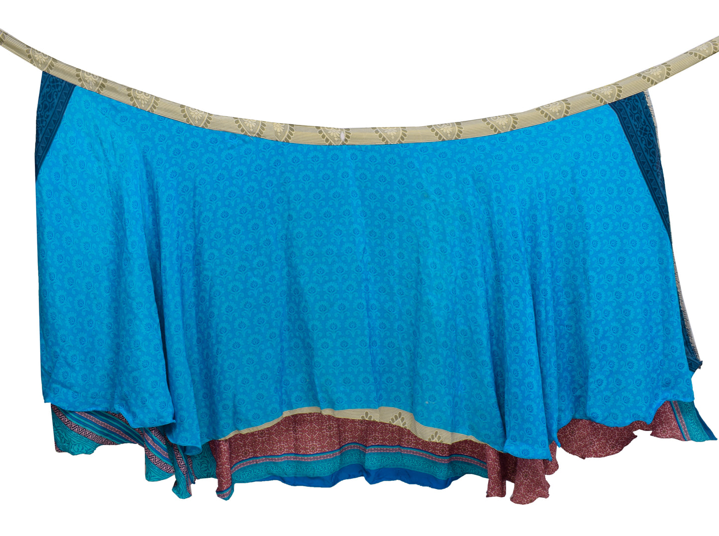 Sushila Vintage Blue Saree Magic Wrap Reversible Skirt Beach Dress Art Silk Hippie
