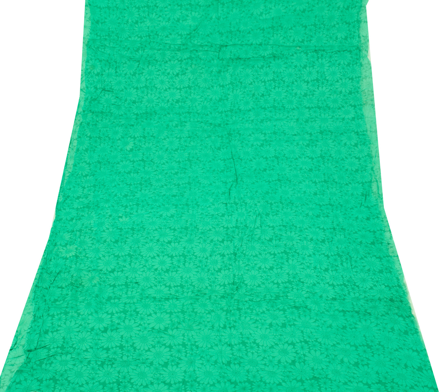 Sushila Vintage Green Sari Remnant Scrap Pure Georgette Printed Craft Fabric