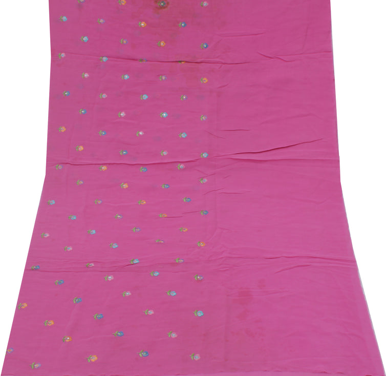 Sushila Vintage Pink Sari Remnant Scrap Pure Georgette Embroidered Craft Fabric