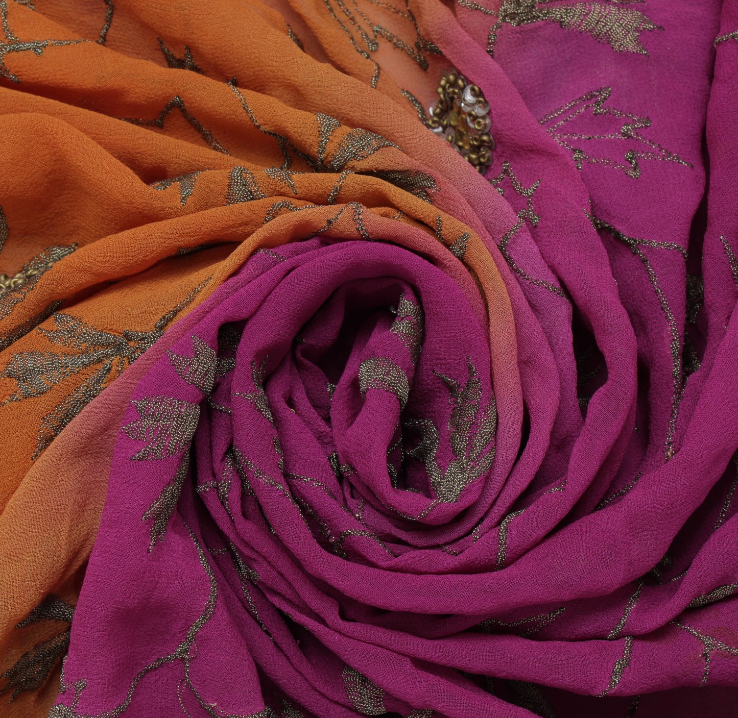 Sushila Vintage Purple Remnant Scrap Pure Georgette Embroidered Craft Fabric