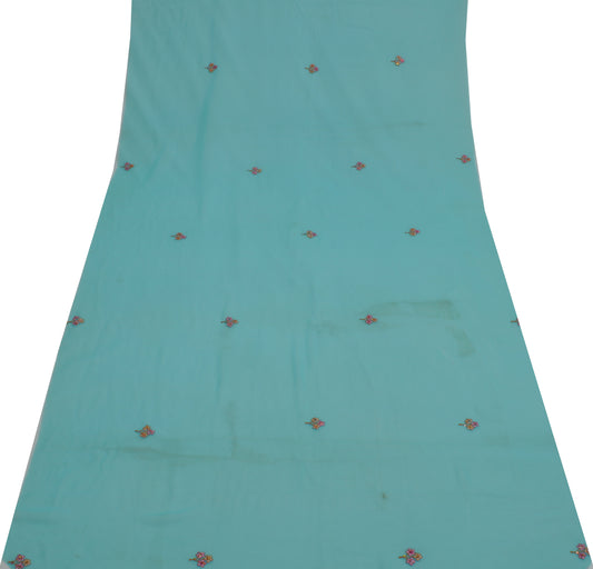 Sushila Vintage Blue Sari Remnant Scrap Blend Georgette Embroidered Craft Fabric