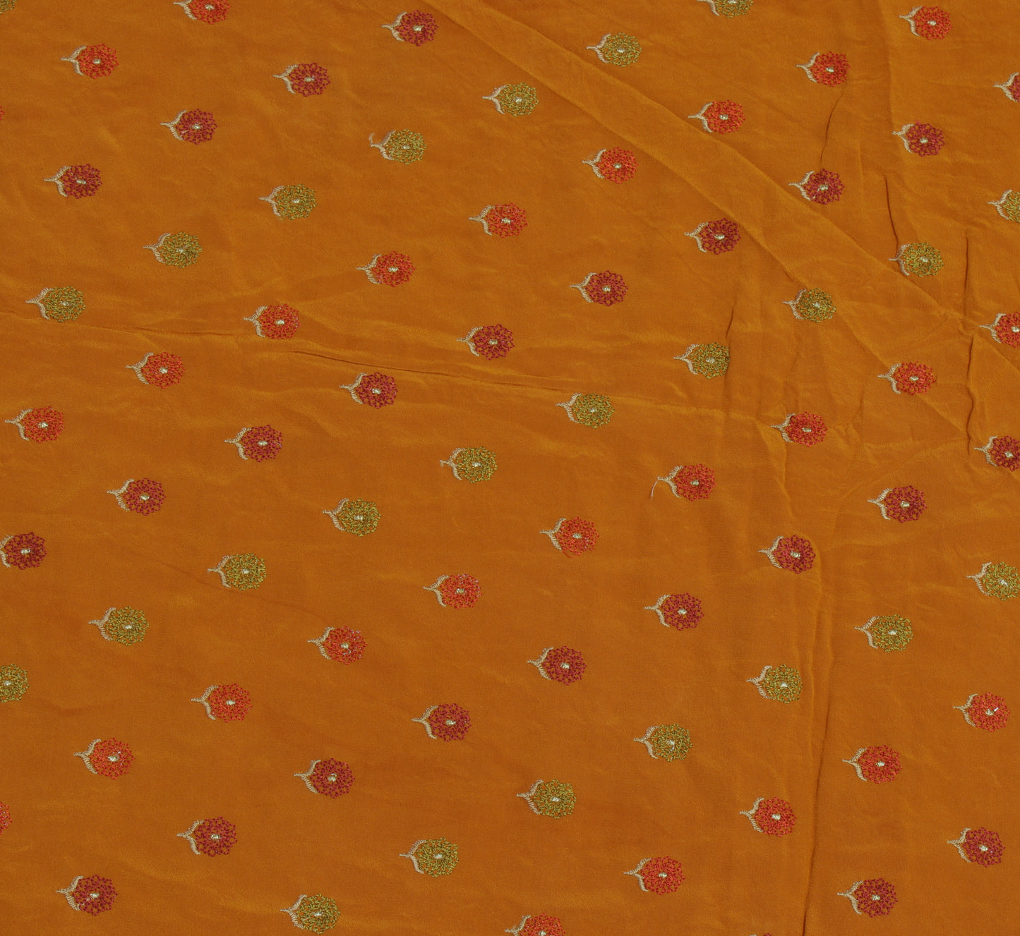 Sushila Vintage Mustard Sari Remnant Scrap Pure Crepe Embroidered Craft Fabric