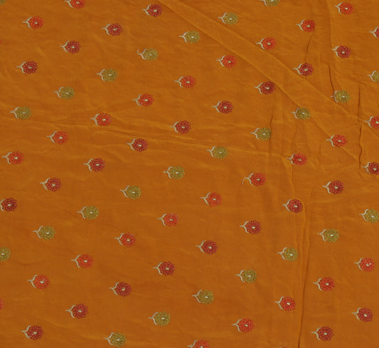 Sushila Vintage Mustard Sari Remnant Scrap Pure Crepe Embroidered Craft Fabric