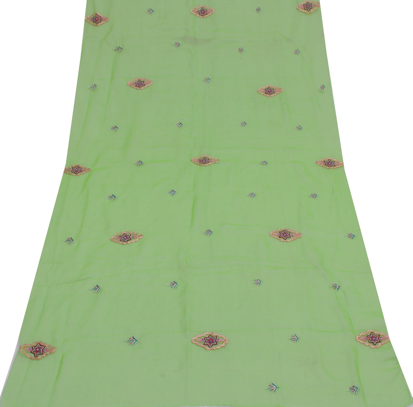 Sushila Vintage Green Sari Remnant Scrap Blend Georgette Embroidered Fabric