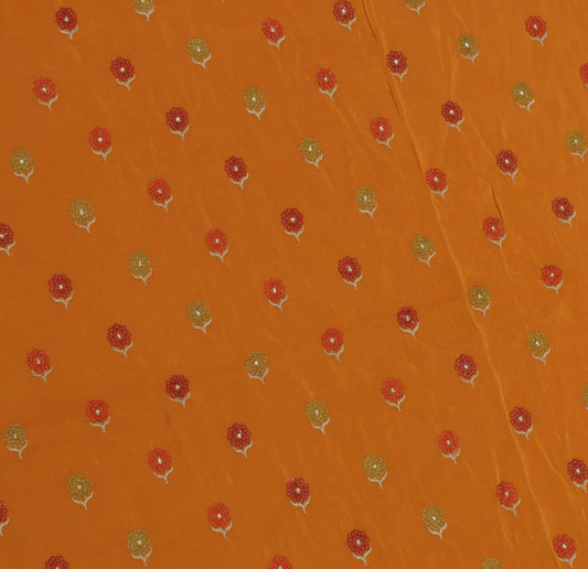 Sushila Vintage Mustard Sari Remnant Scrap Pure Crepe Embroidered Craft Fabric
