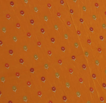 Sushila Vintage Mustard Sari Remnant Scrap Pure Crepe Embroidered Craft Fabric
