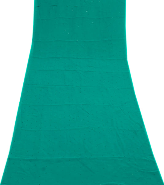 Sushila Vintage Green Sari Remnant Scrap Pure Georgette Mukesh Work Craft Fabric