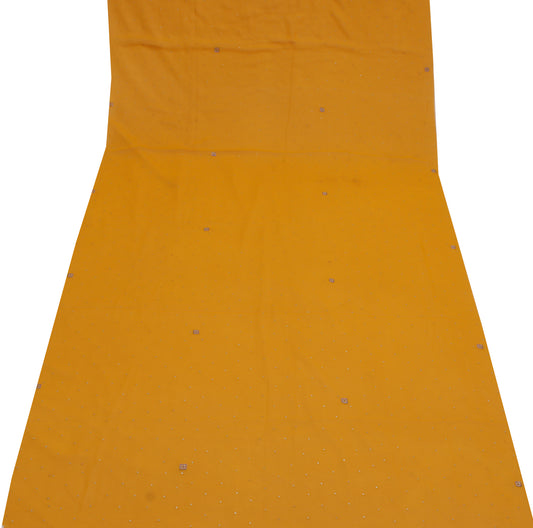 Sushila Vintage Mustard Sari Remnant Scrap Blend Georgette Embroidered Fabric
