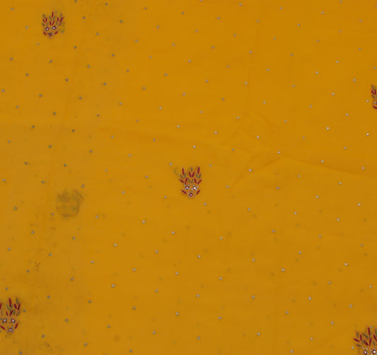 Sushila Vintage Mustard Sari Remnant Scrap Blend Georgette Embroidered Fabric