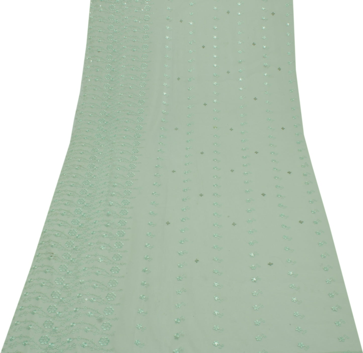 Sushila Vintage Green Sari Remnant Scrap Net Mesh Embroidered Craft Fabric