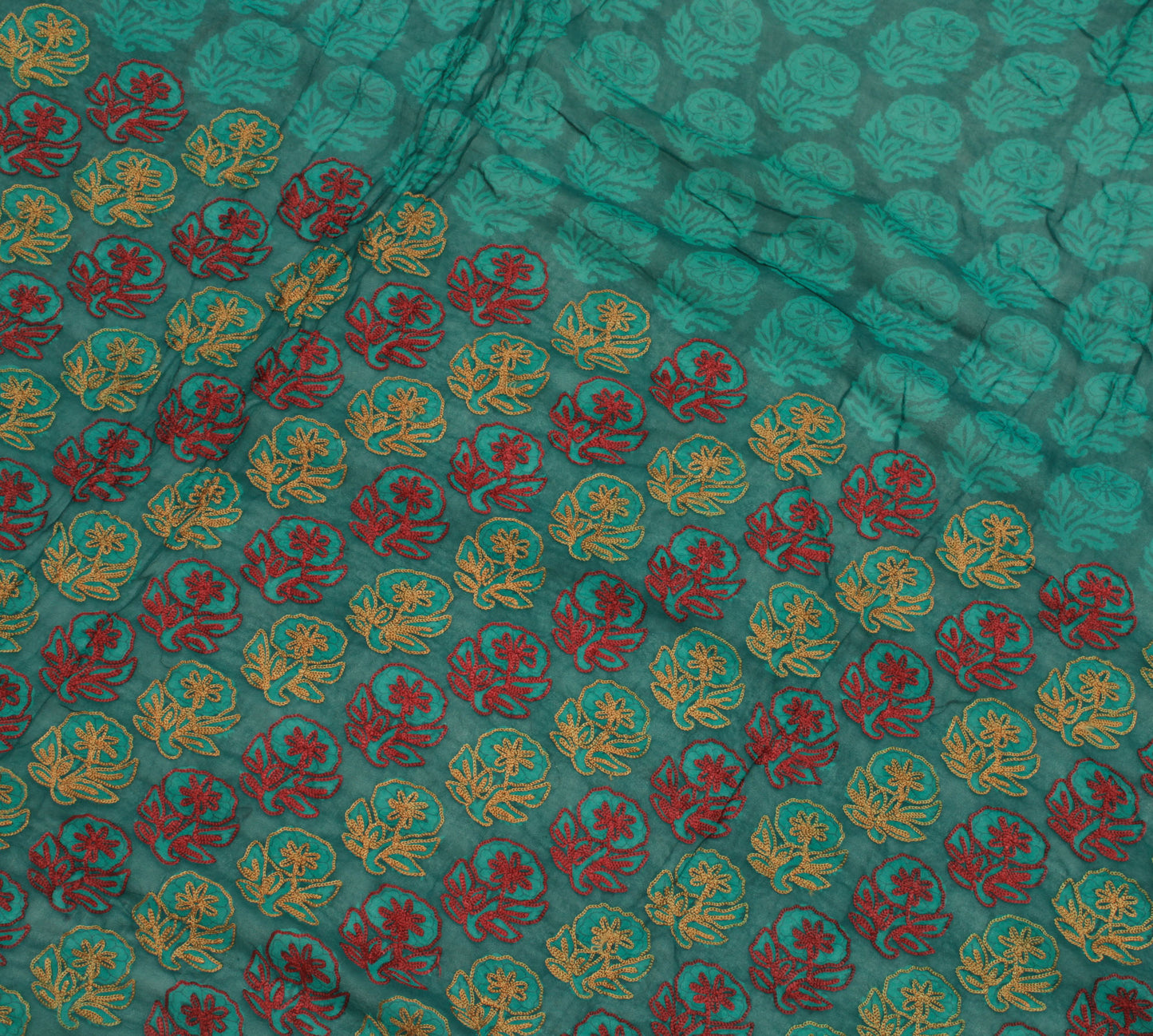 Sushila Vintage Green Sari Remnant Scrap Pure Georgette Embroidered Craft Fabric