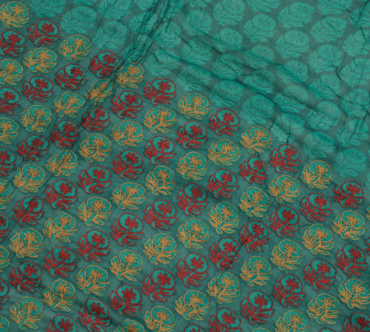 Sushila Vintage Green Sari Remnant Scrap Pure Georgette Embroidered Craft Fabric