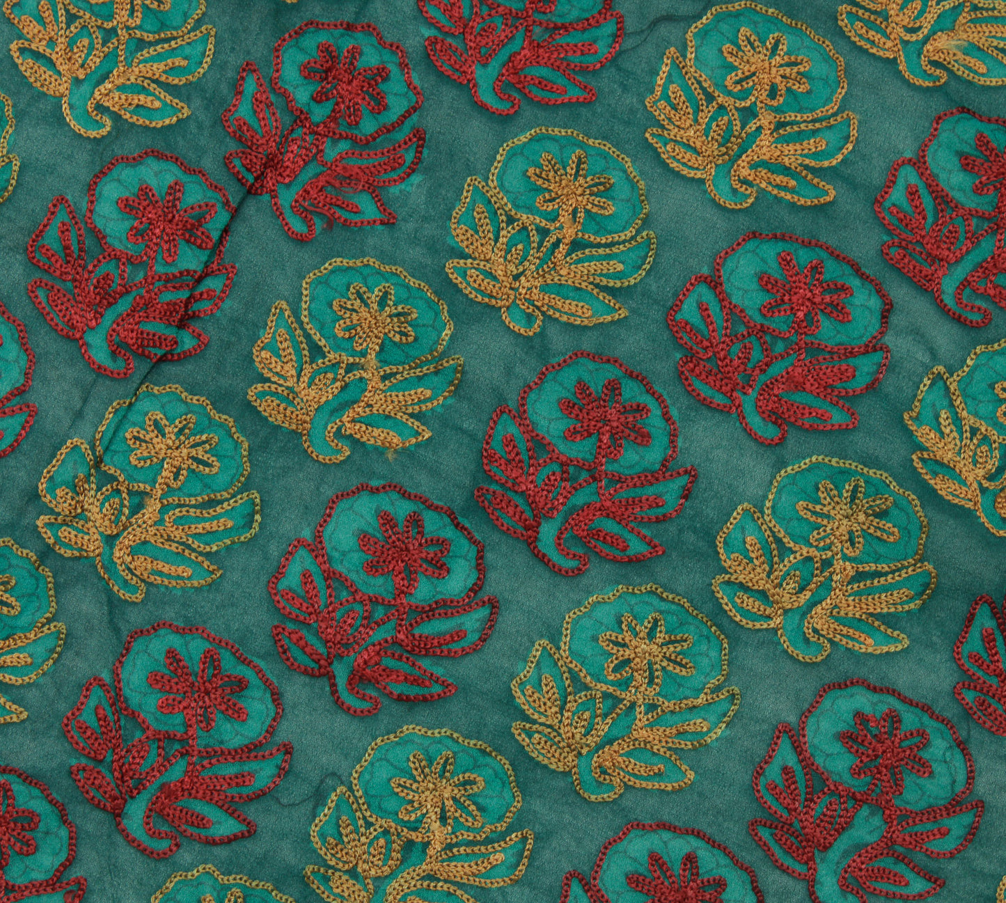 Sushila Vintage Green Sari Remnant Scrap Pure Georgette Embroidered Craft Fabric