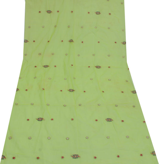 Sushila Vintage Green Sari Remnant Scrap Blend Georgette Embroidered  Fabric