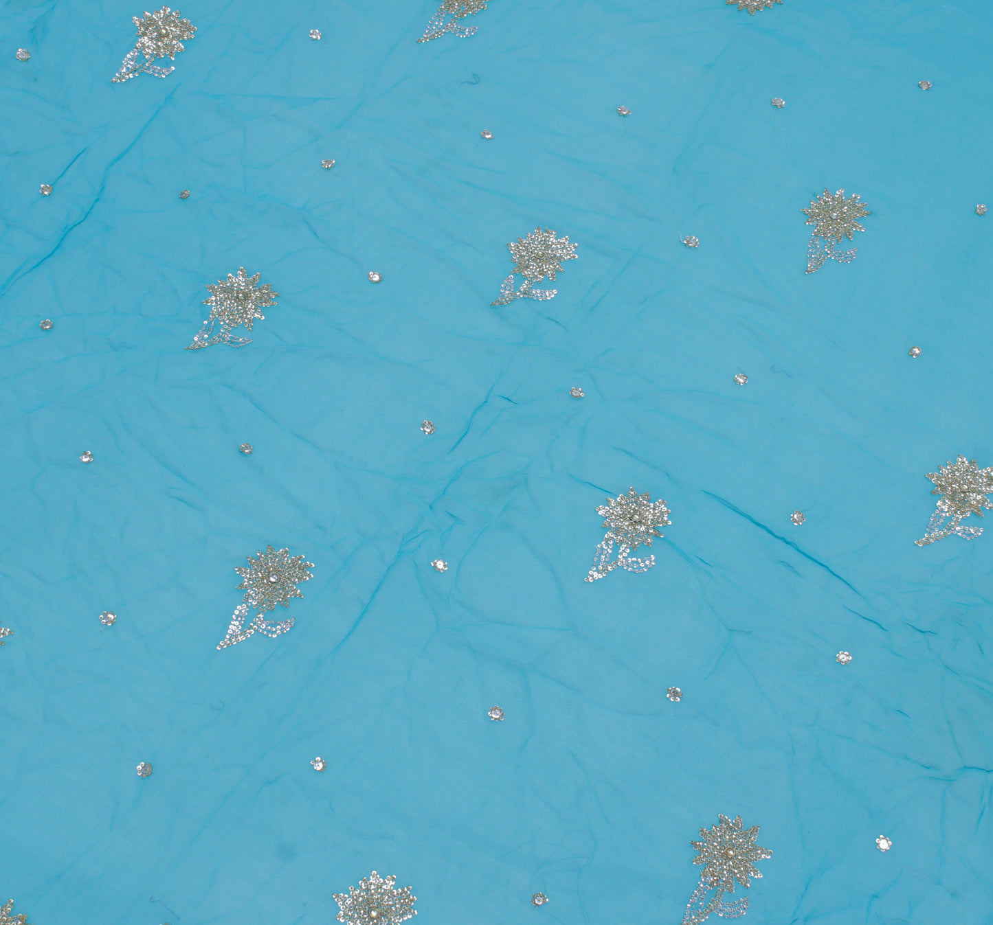 Sushila Vintage Blue Sari Remnant Scrap Pure Georgette Embroidered Craft Fabric