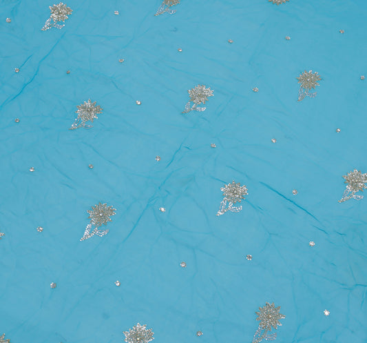 Sushila Vintage Blue Sari Remnant Scrap Pure Georgette Embroidered Craft Fabric