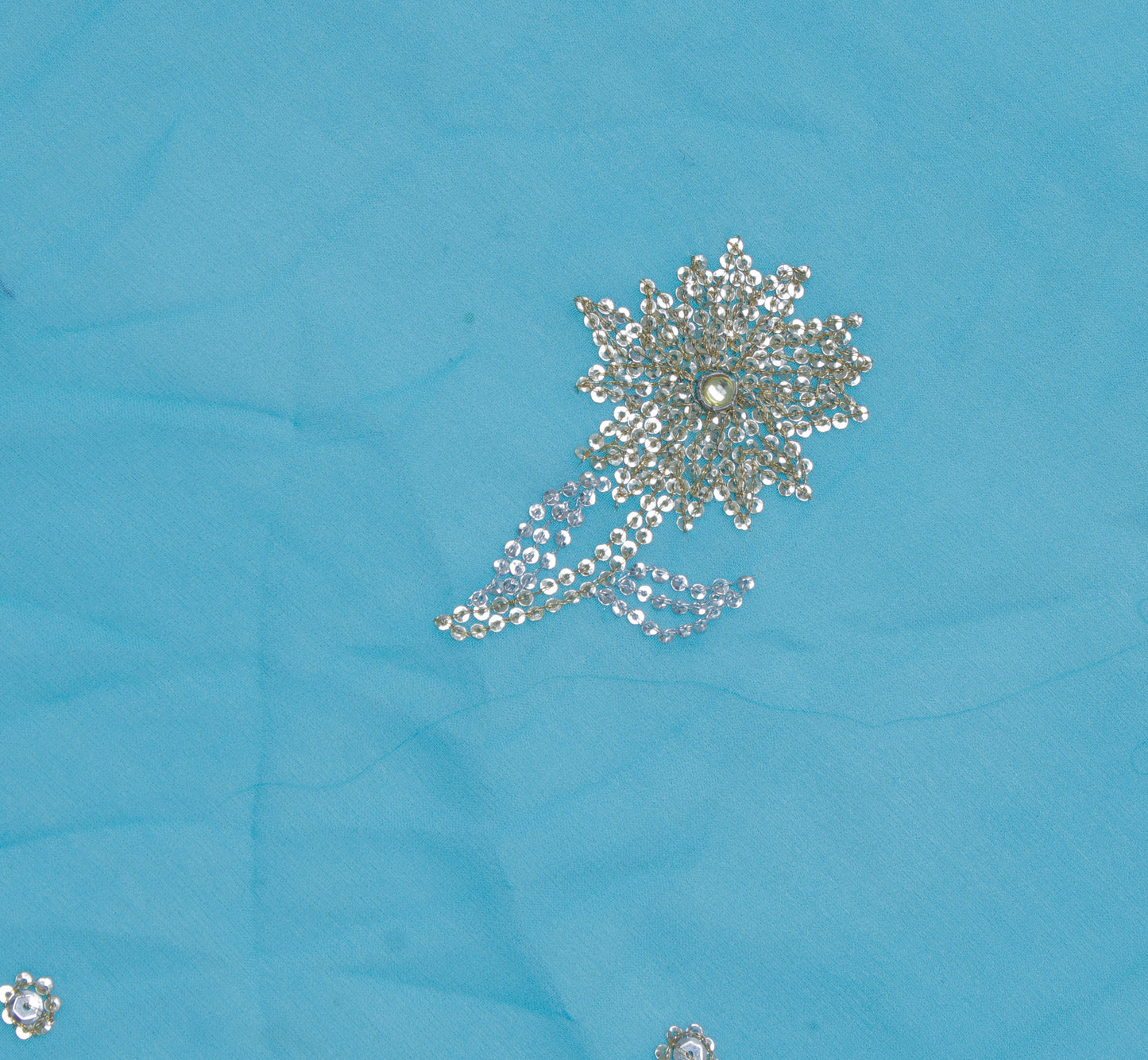 Sushila Vintage Blue Sari Remnant Scrap Pure Georgette Embroidered Craft Fabric