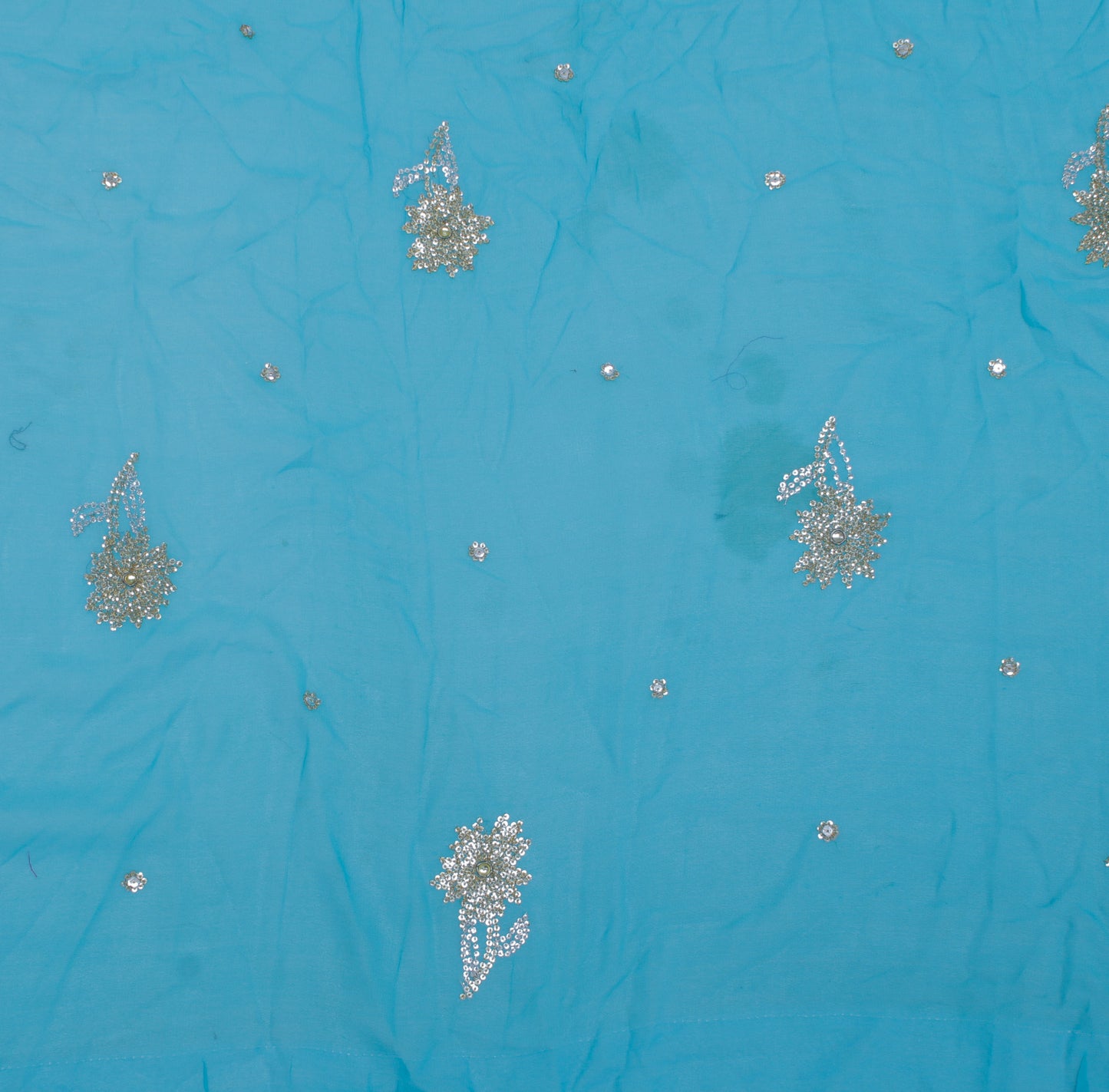 Sushila Vintage Blue Sari Remnant Scrap Pure Georgette Embroidered Craft Fabric