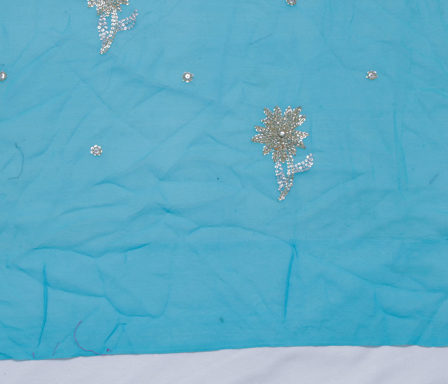 Sushila Vintage Blue Sari Remnant Scrap Pure Georgette Embroidered Craft Fabric