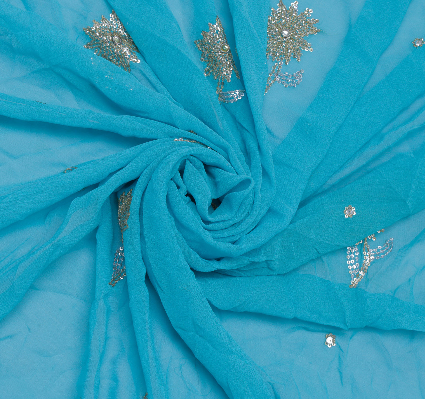 Sushila Vintage Blue Sari Remnant Scrap Pure Georgette Embroidered Craft Fabric