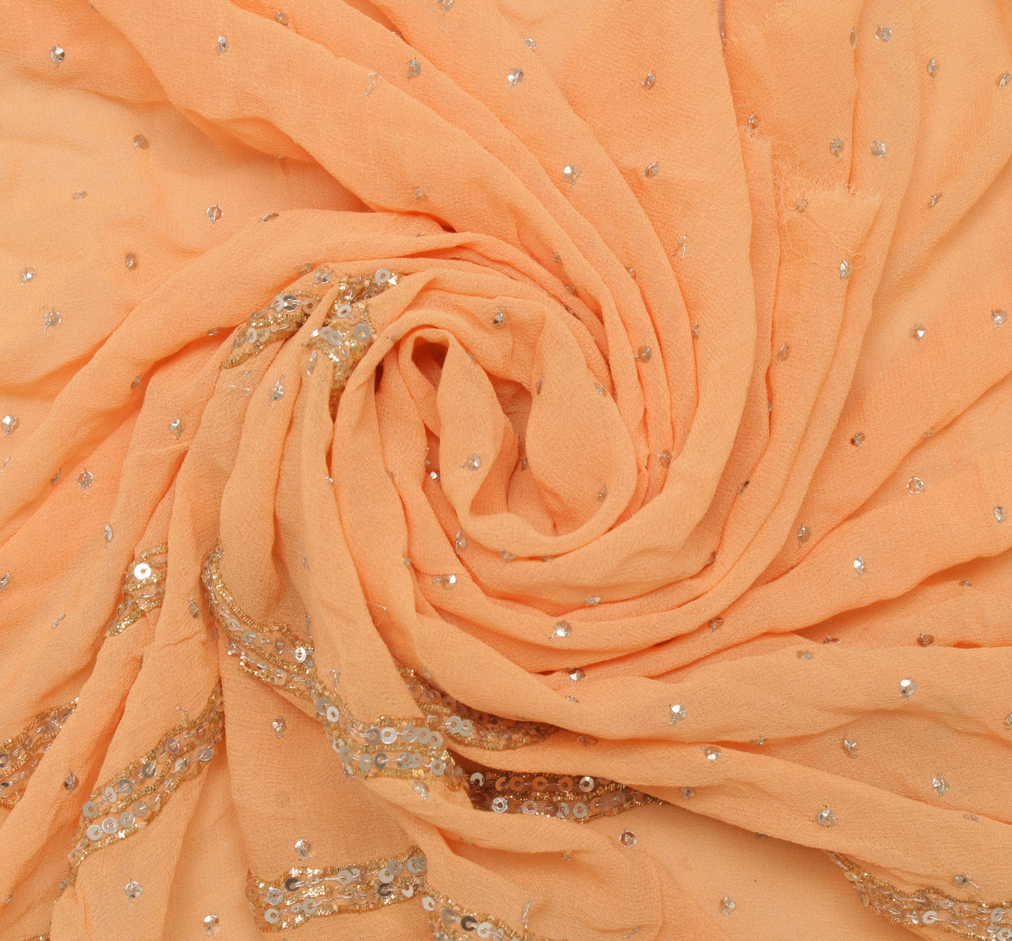 Sushila Vintage Peach Sari Remnant Scrap Pure Georgette Embroidered Craft Fabric