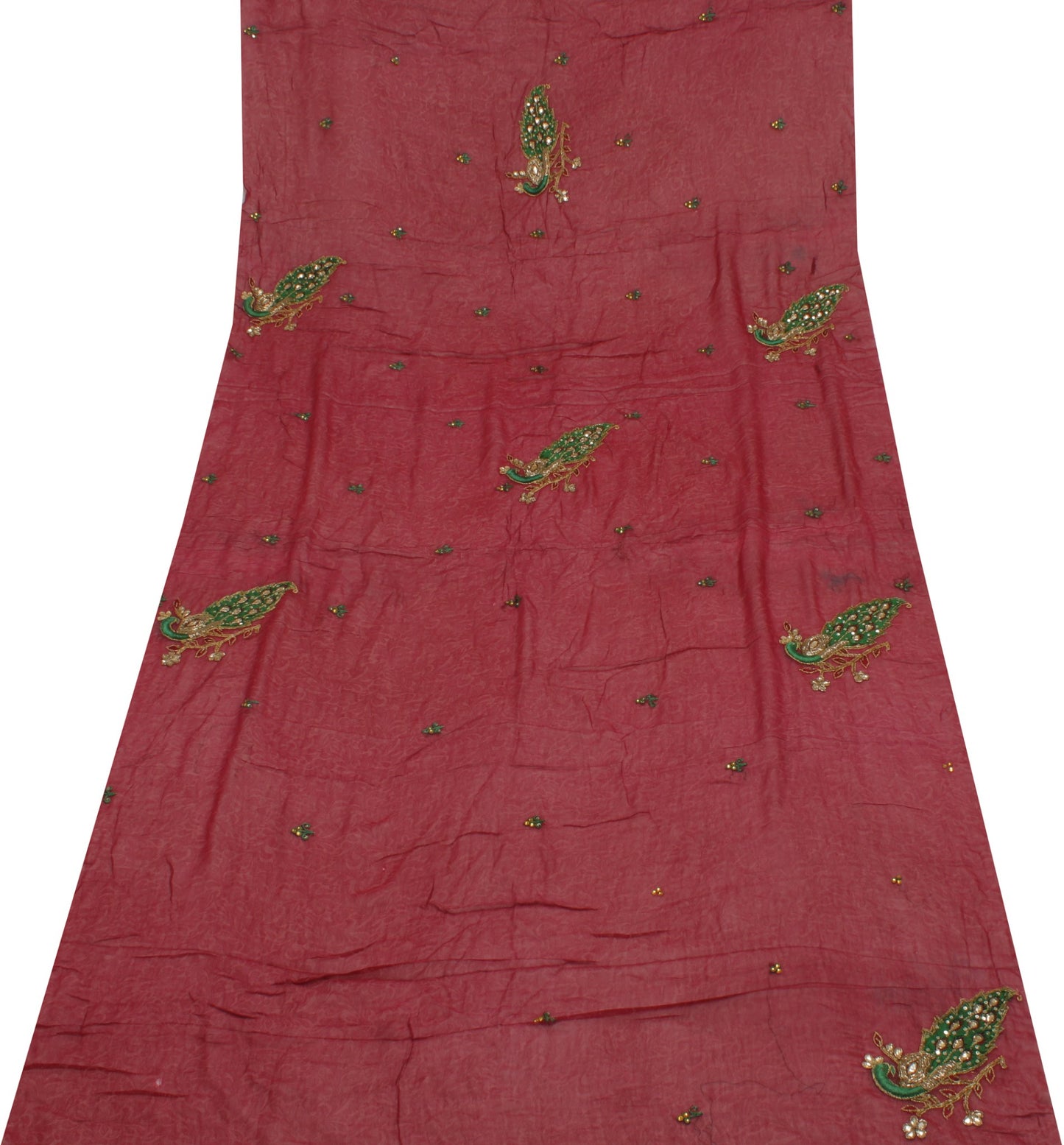 Sushila Vintage Maroon Sari Remnant Scrap Pure Georgette Hand Beaded Fabric