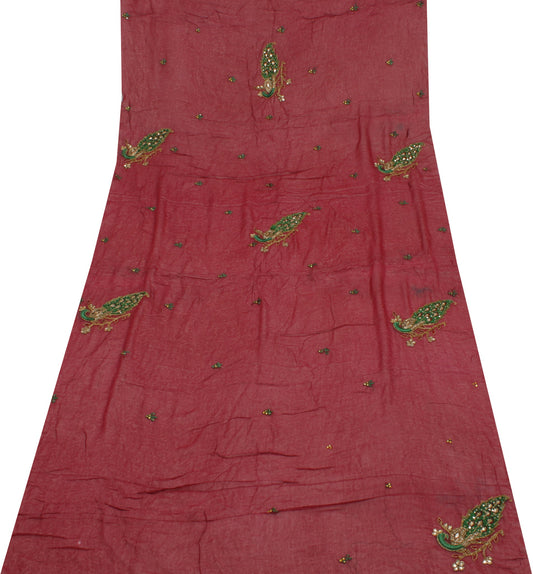 Sushila Vintage Maroon Sari Remnant Scrap Pure Georgette Hand Beaded Fabric