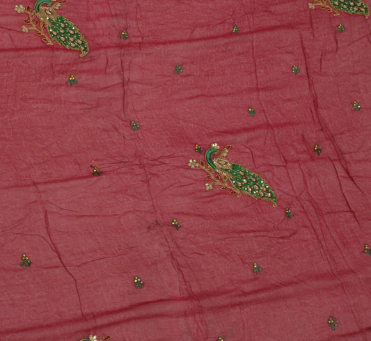 Sushila Vintage Maroon Sari Remnant Scrap Pure Georgette Hand Beaded Fabric