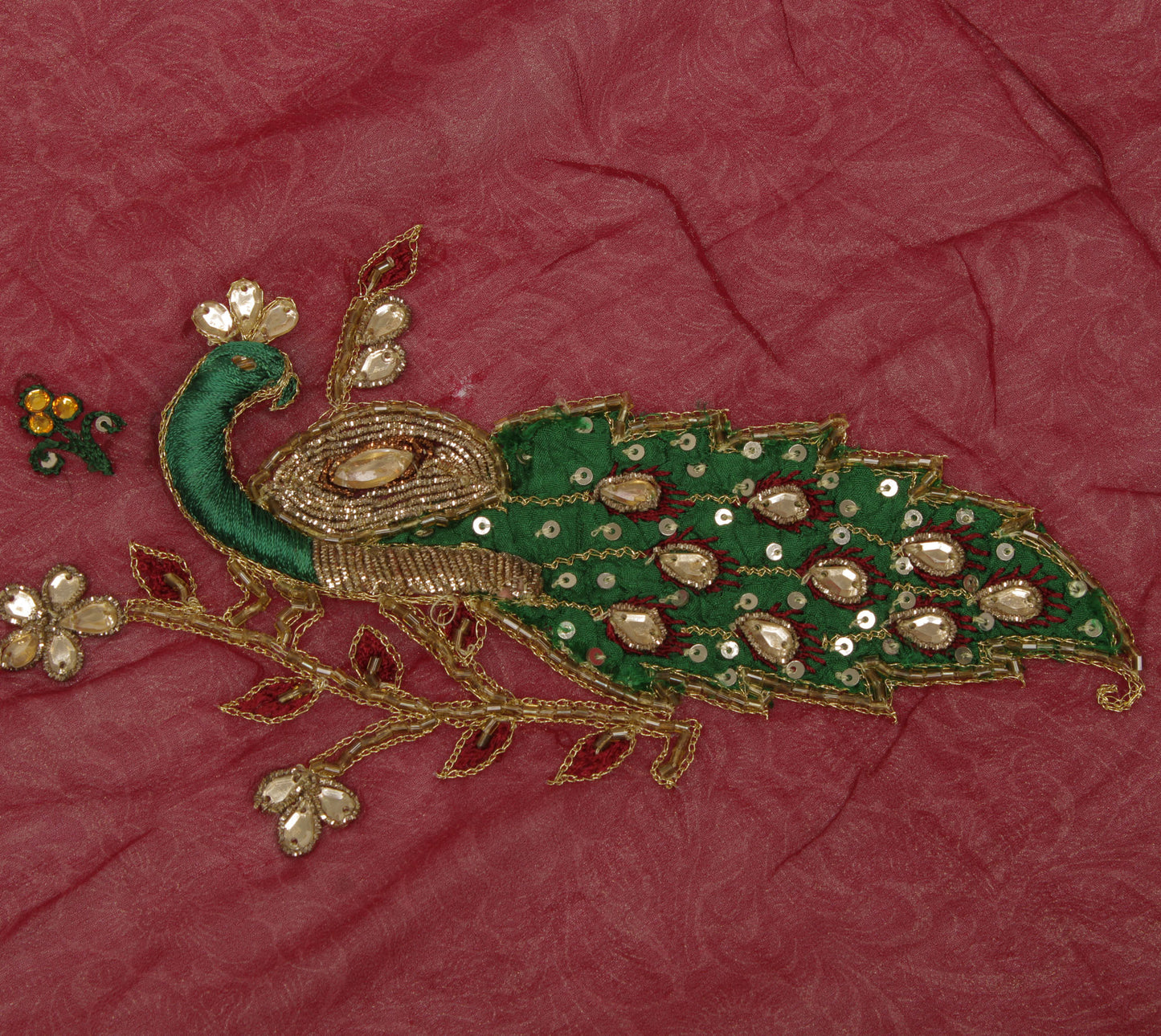 Sushila Vintage Maroon Sari Remnant Scrap Pure Georgette Hand Beaded Fabric