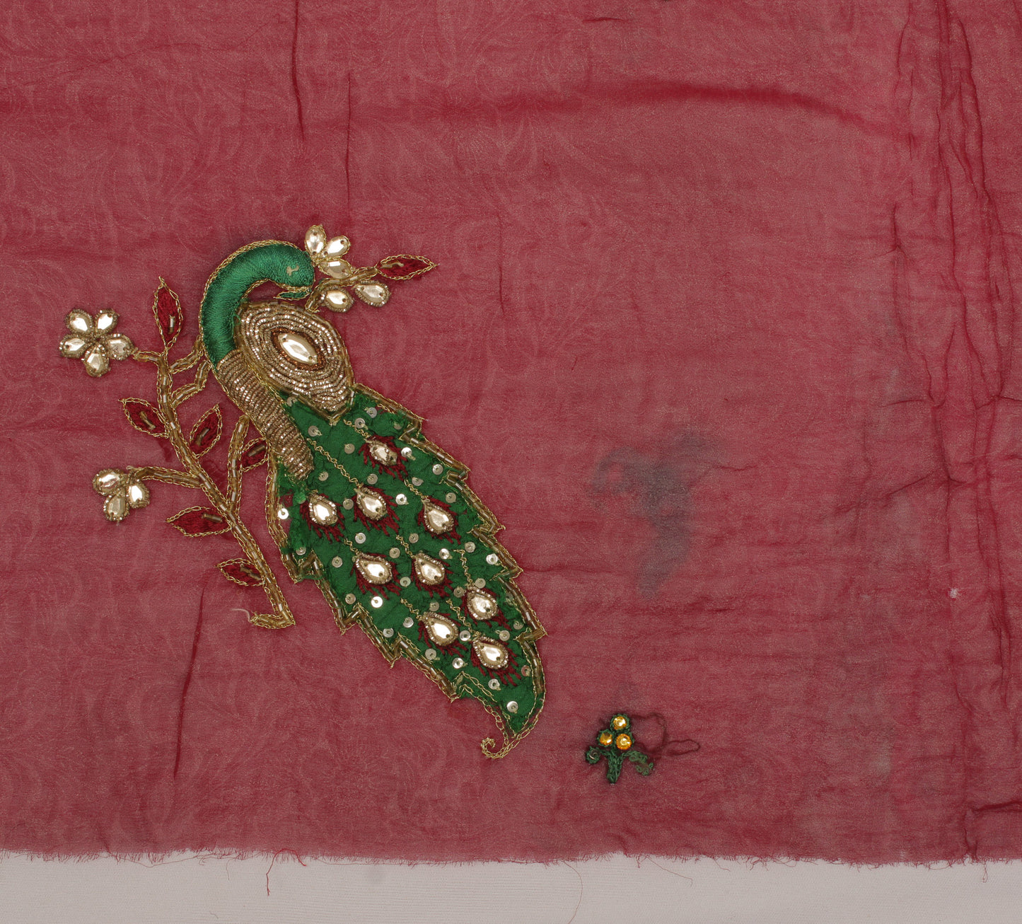 Sushila Vintage Maroon Sari Remnant Scrap Pure Georgette Hand Beaded Fabric