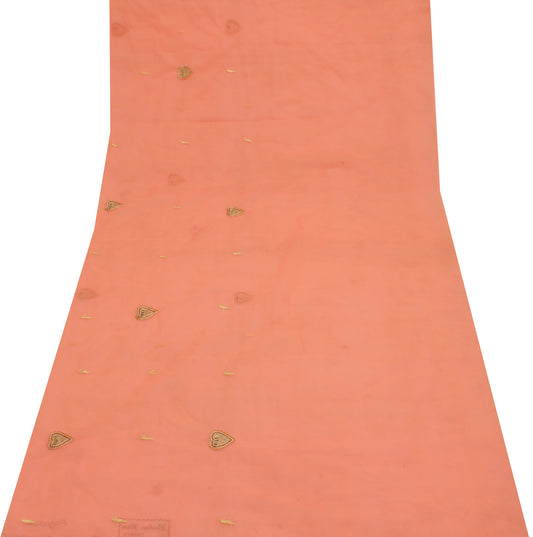 Sushila Vintage Peach Sari Remnant Scrap Pure Georgette Embroidered Craft Fabric