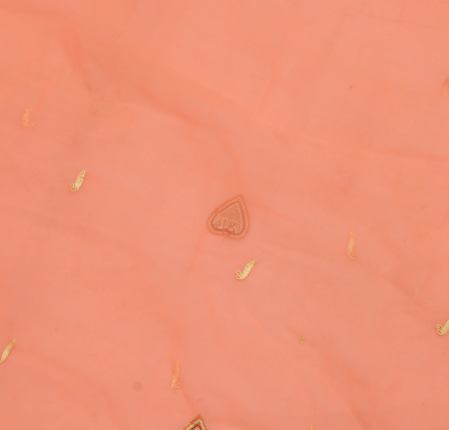 Sushila Vintage Peach Sari Remnant Scrap Pure Georgette Embroidered Craft Fabric