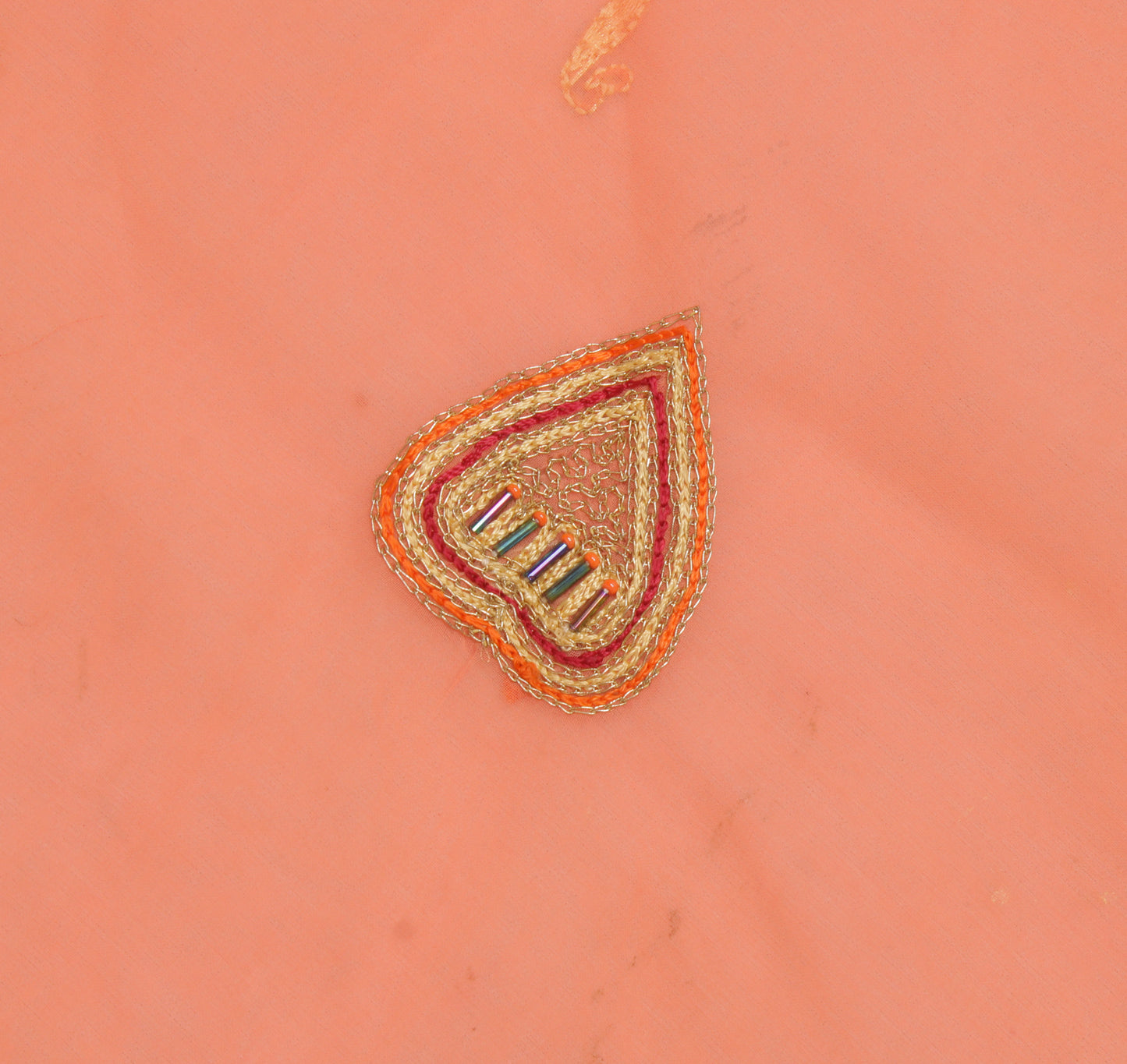 Sushila Vintage Peach Sari Remnant Scrap Pure Georgette Embroidered Craft Fabric
