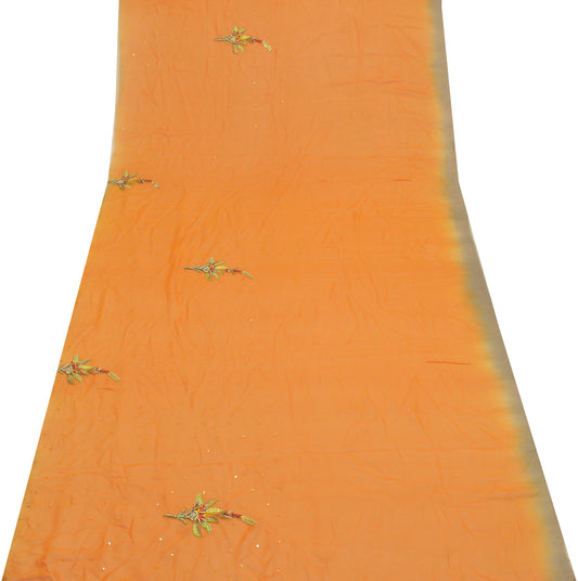 Sushila Vintage Orange Sari Remnant Scrap Pure Georgette Embroidered Fabric