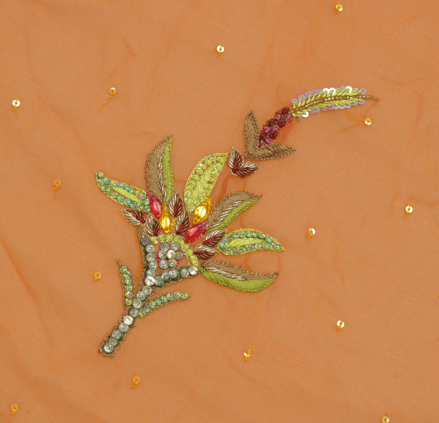 Sushila Vintage Orange Sari Remnant Scrap Pure Georgette Embroidered Fabric