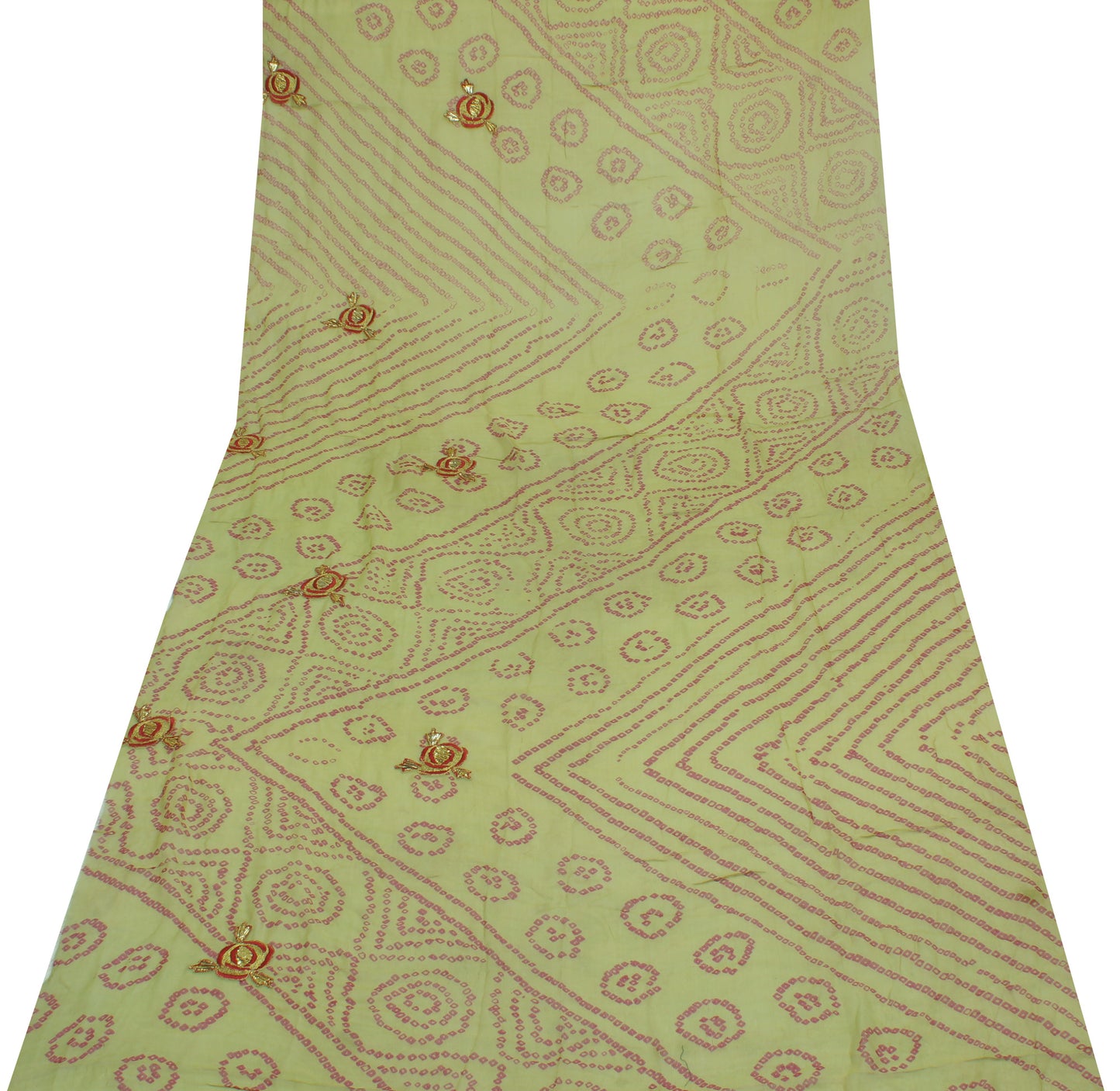 Sushila Vintage Green Sari Remnant Scrap Pure Georgette Bandhani Printed Fabric
