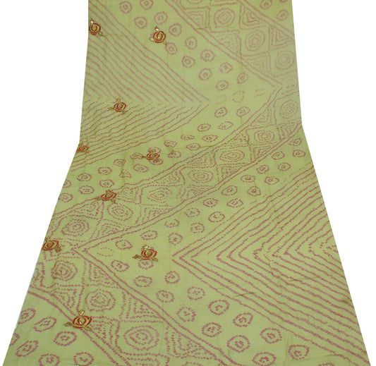 Sushila Vintage Green Sari Remnant Scrap Pure Georgette Bandhani Printed Fabric