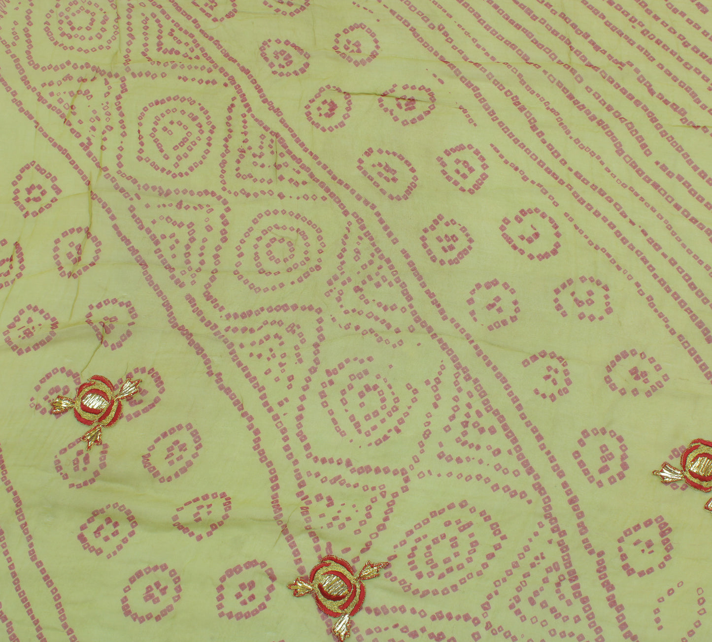 Sushila Vintage Green Sari Remnant Scrap Pure Georgette Bandhani Printed Fabric