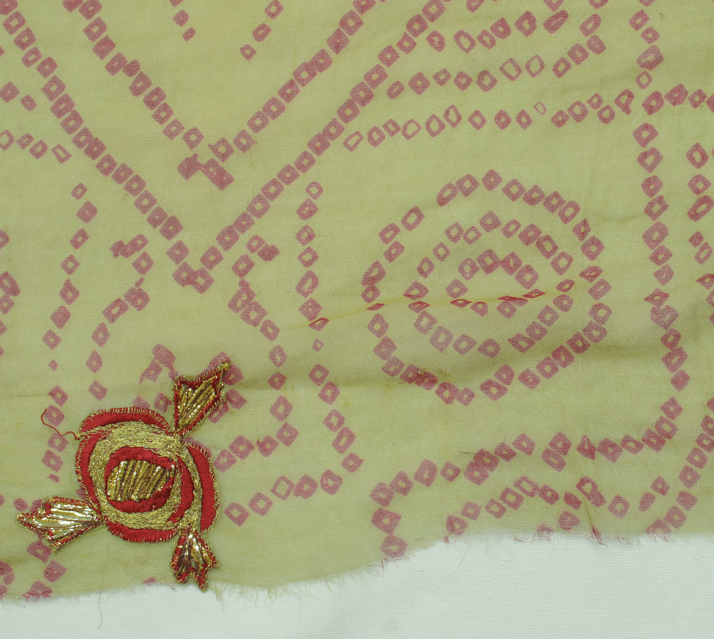 Sushila Vintage Green Sari Remnant Scrap Pure Georgette Bandhani Printed Fabric