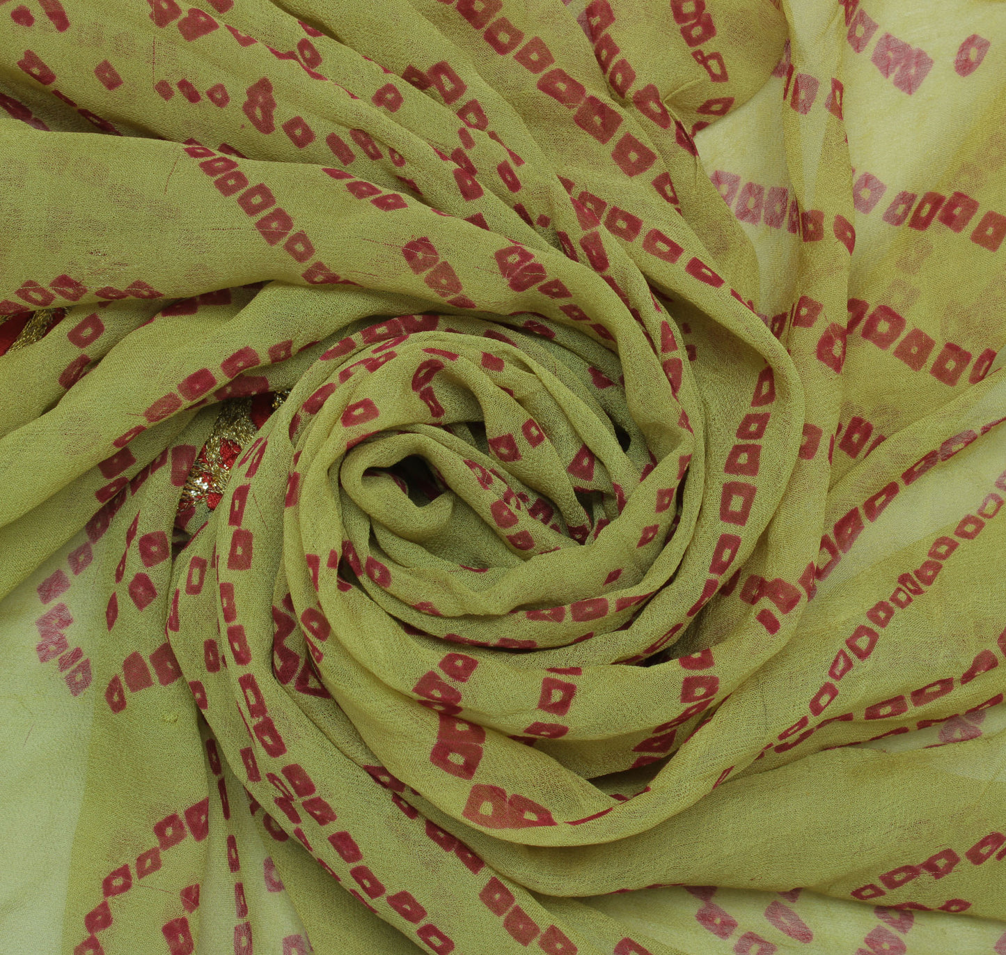 Sushila Vintage Green Sari Remnant Scrap Pure Georgette Bandhani Printed Fabric