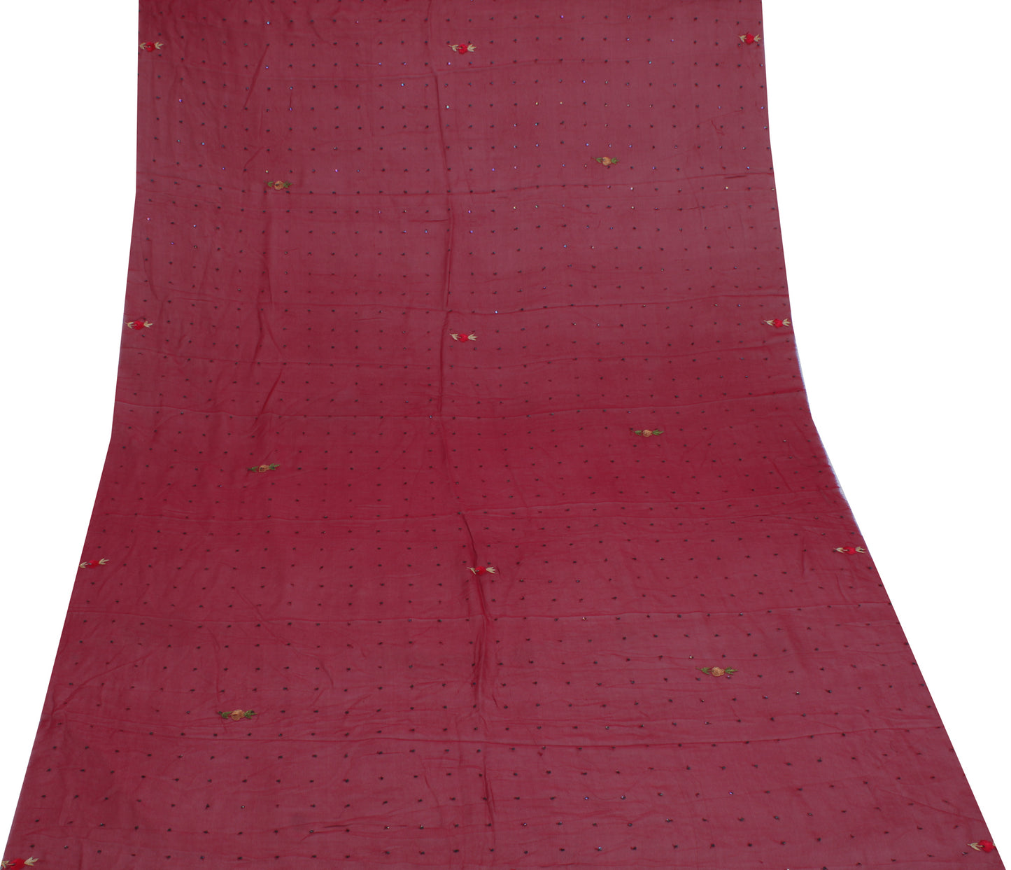 Sushila Vintage Maroon Sari Remnant Scrap Pure Georgette Embroidered  Fabric