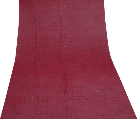 Sushila Vintage Maroon Sari Remnant Scrap Pure Georgette Embroidered  Fabric