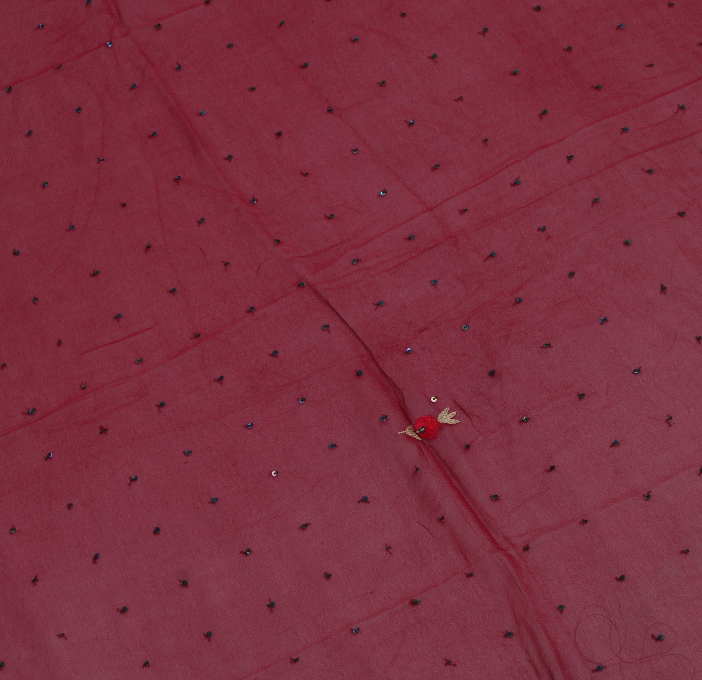 Sushila Vintage Maroon Sari Remnant Scrap Pure Georgette Embroidered  Fabric