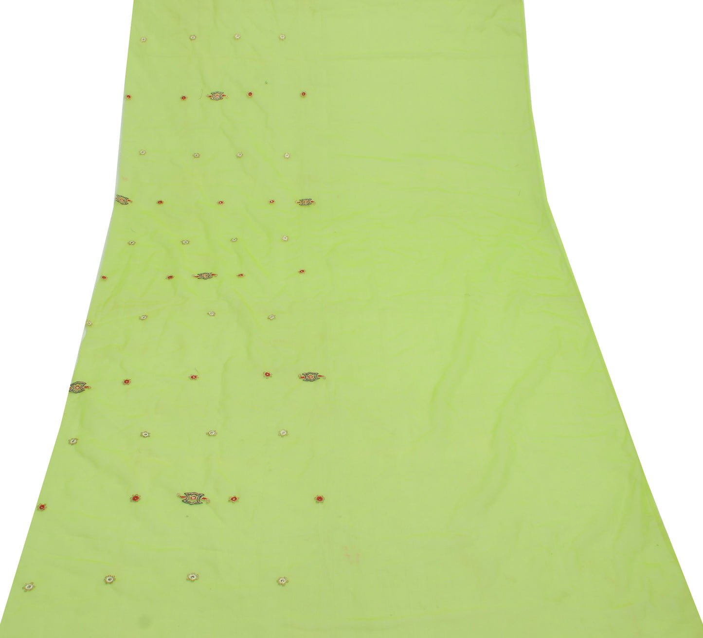 Sushila Vintage Green Sari Remnant Scrap Blend Georgette Embroidered Fabric
